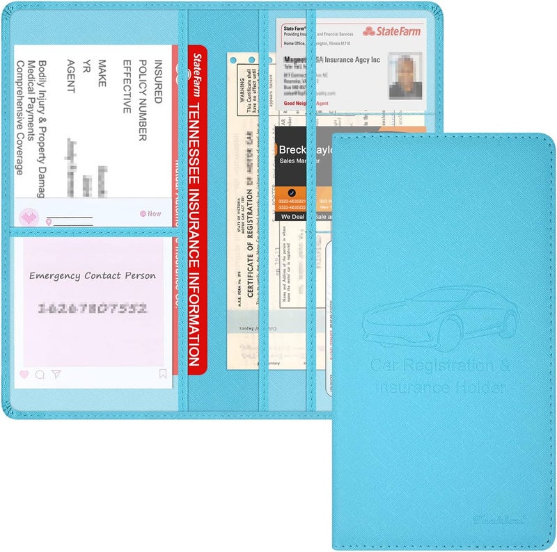 Techion Car Insurance and Registration Holder, 9.5 x 5 Inch PU Leather Vehicle Glove Box Organizer Wallet Case for Insurance Card, Driver License, Paperwork - Mint Green - Image 1